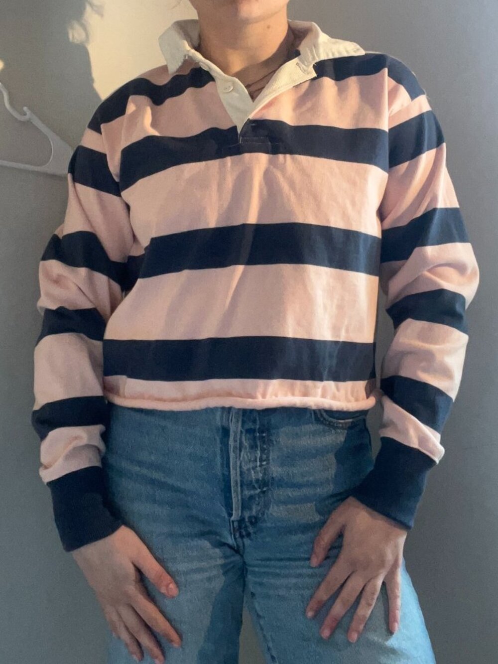 Abercrombie & Fitch Women's Navy and Pink striped Rugby shirt